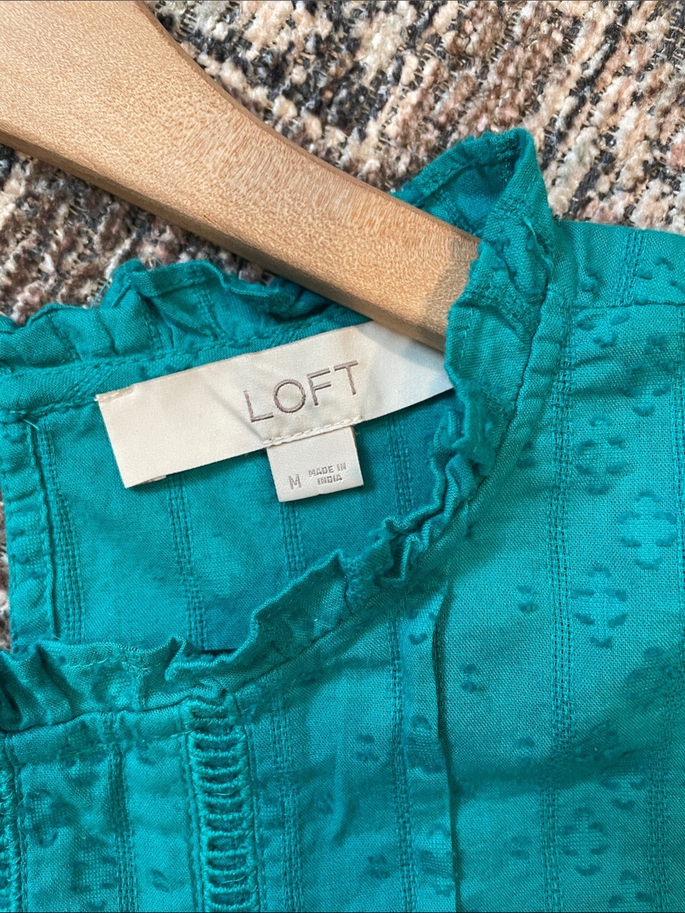 LOFT Teal Embroidered Cotton Blouse Size Medium Boho Pintuck Short Sleeve Top - Picture 2 of 6